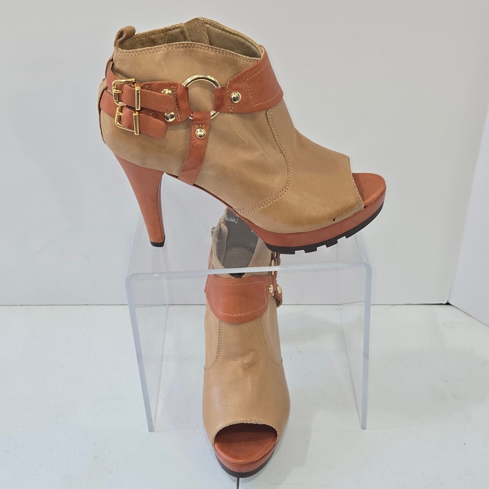 Bruno Menegatti Tan Leather Peep Toe Platform Ankle Boots Size 9 Made in Brazil